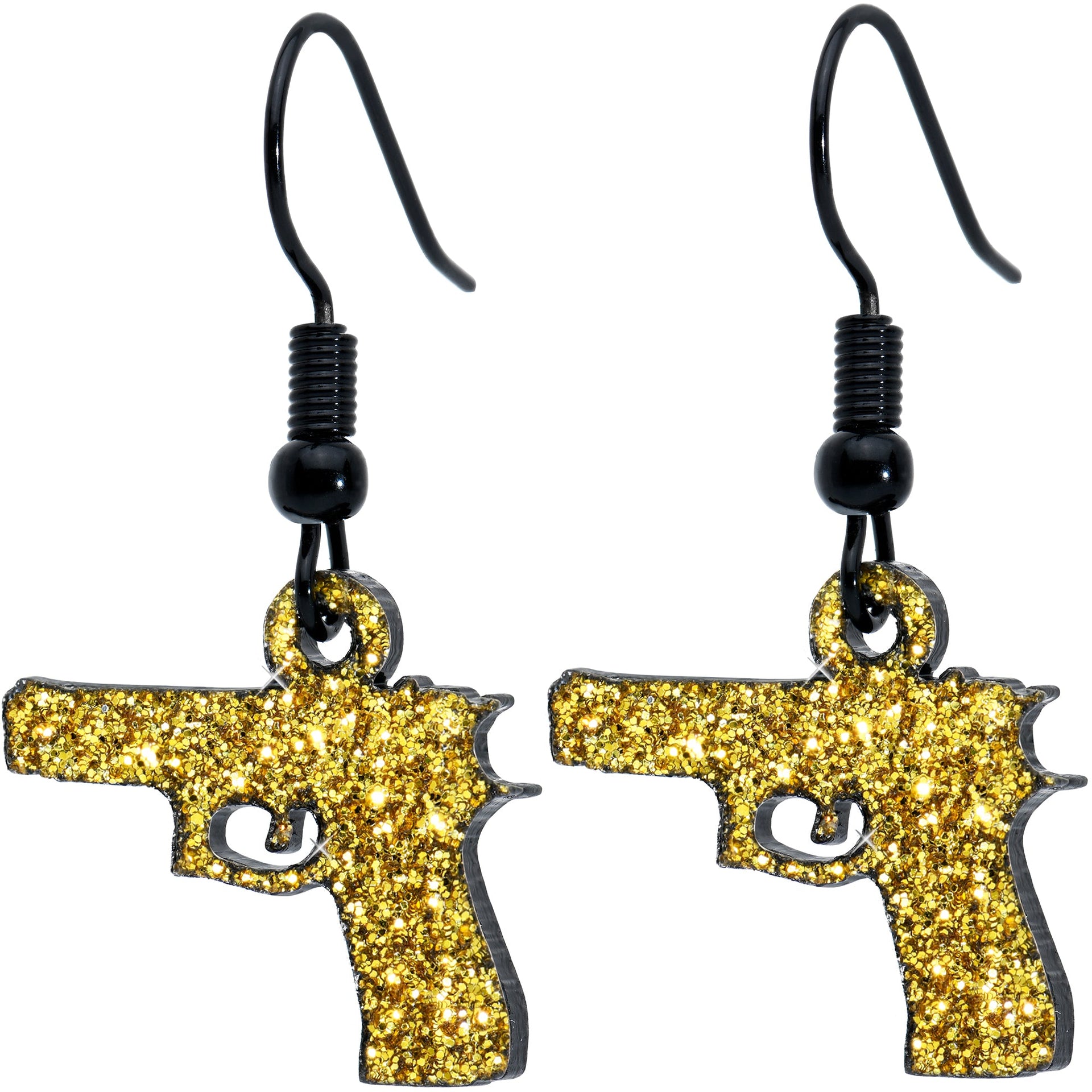 Yellow Glitter Gun Dangle Earrings with Black Fishhook Wires - Image 2