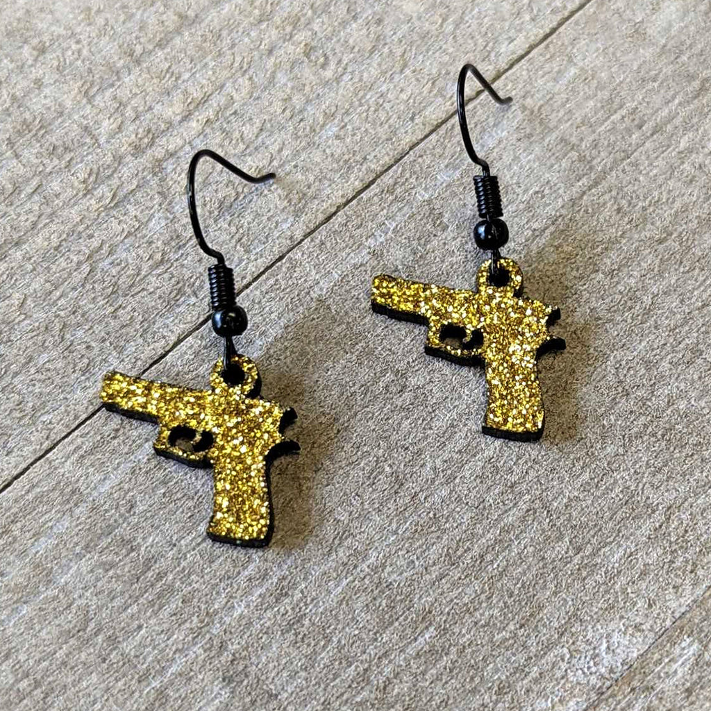 Yellow Glitter Gun Dangle Earrings with Black Fishhook Wires - Image 3