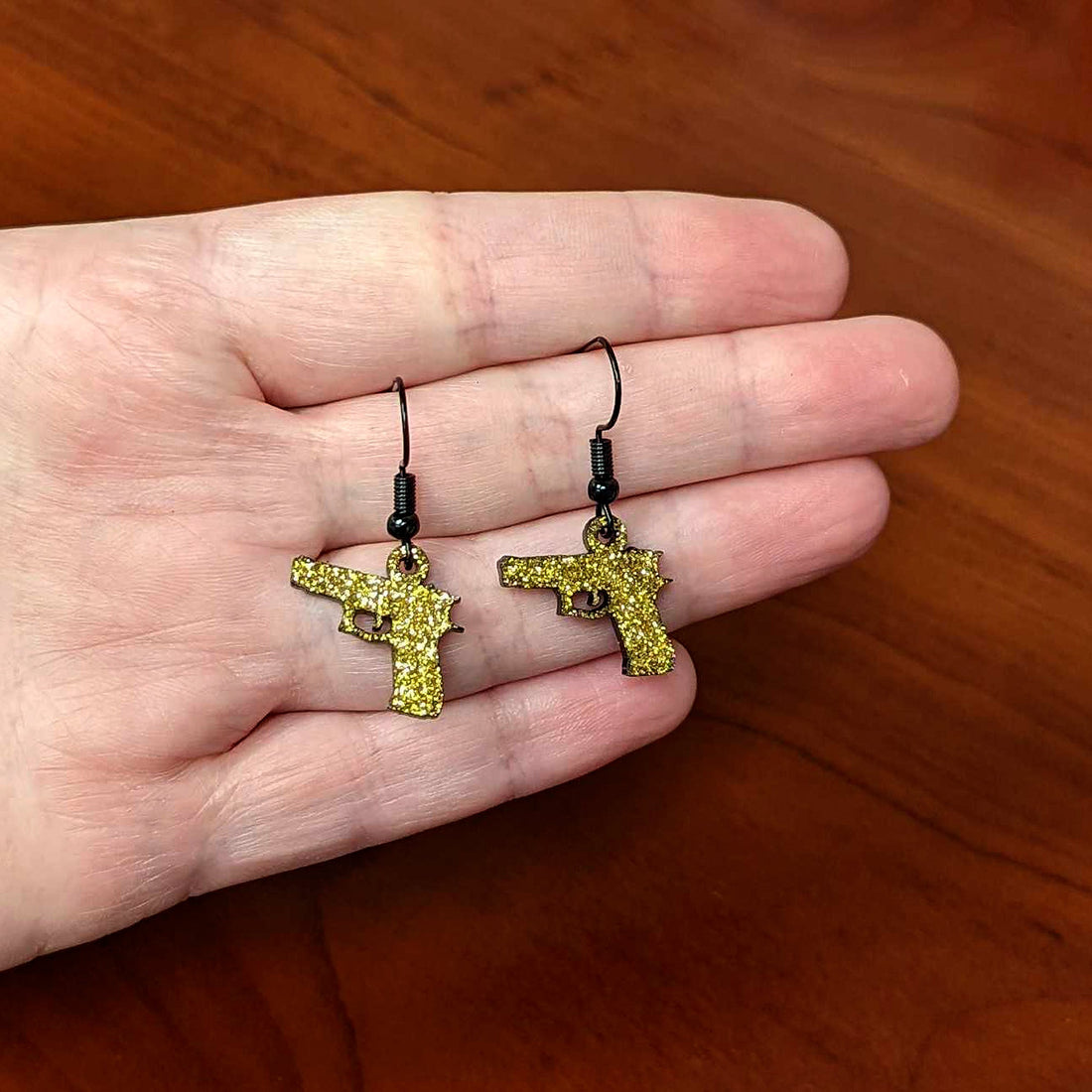 Yellow Glitter Gun Dangle Earrings with Black Fishhook Wires - Image 4