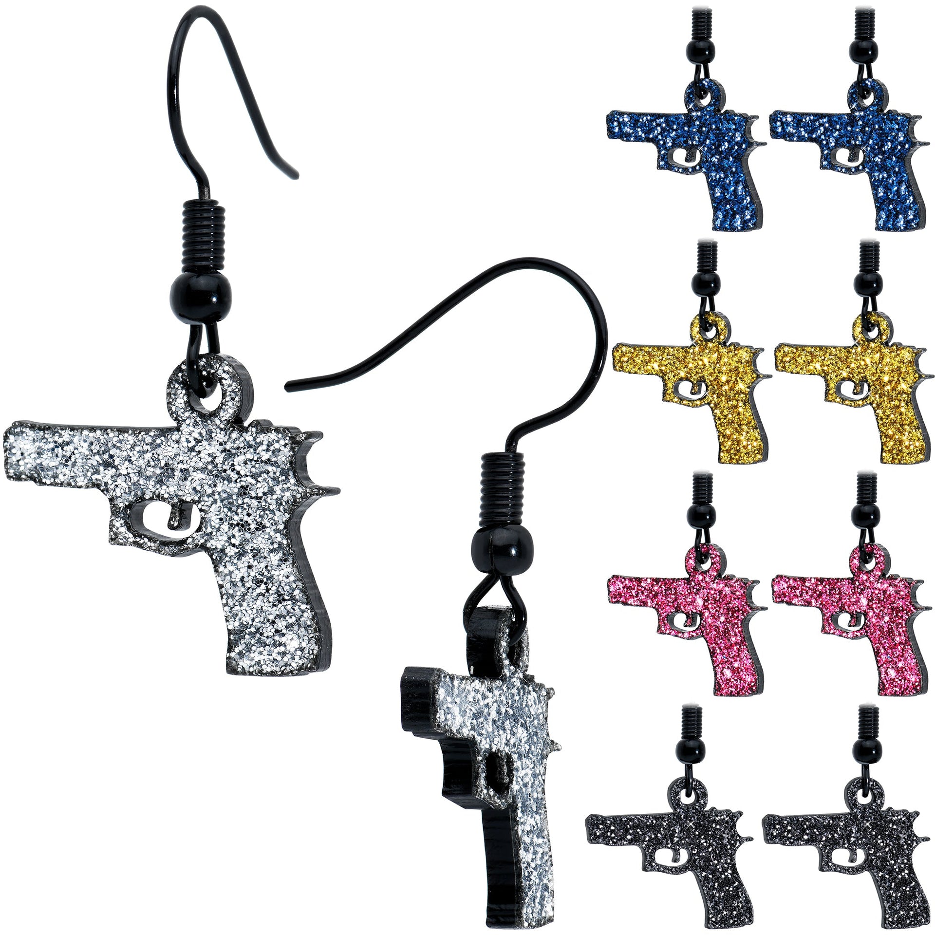 Yellow Glitter Gun Dangle Earrings with Black Fishhook Wires - Image 6