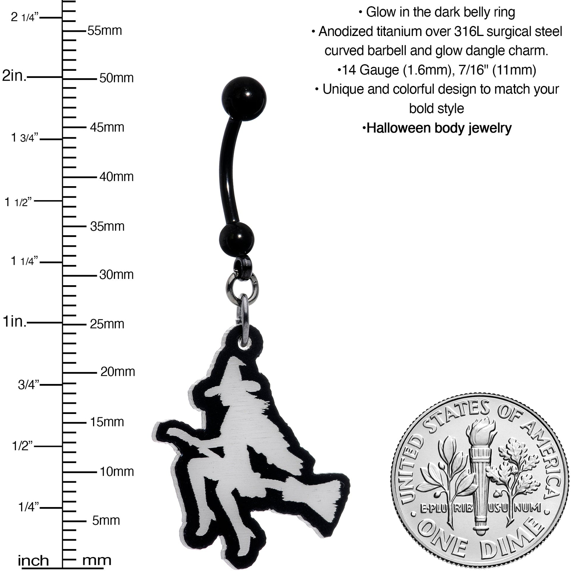 Glow in the Dark Halloween Flying Witch on Broom Dangle Belly Ring