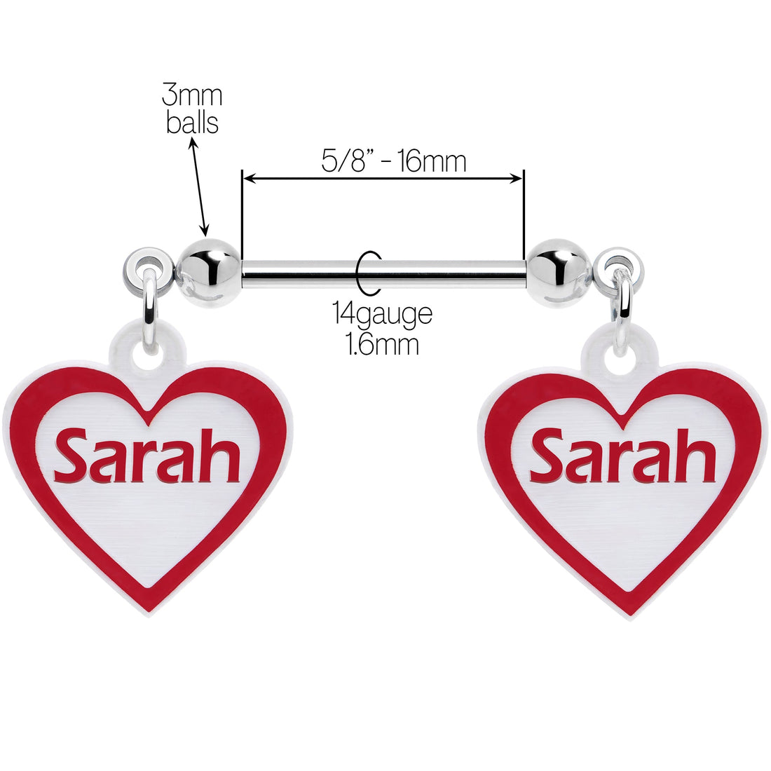 Custom Red White Heart Double Personalized Name Dangle Nipple Ring Set