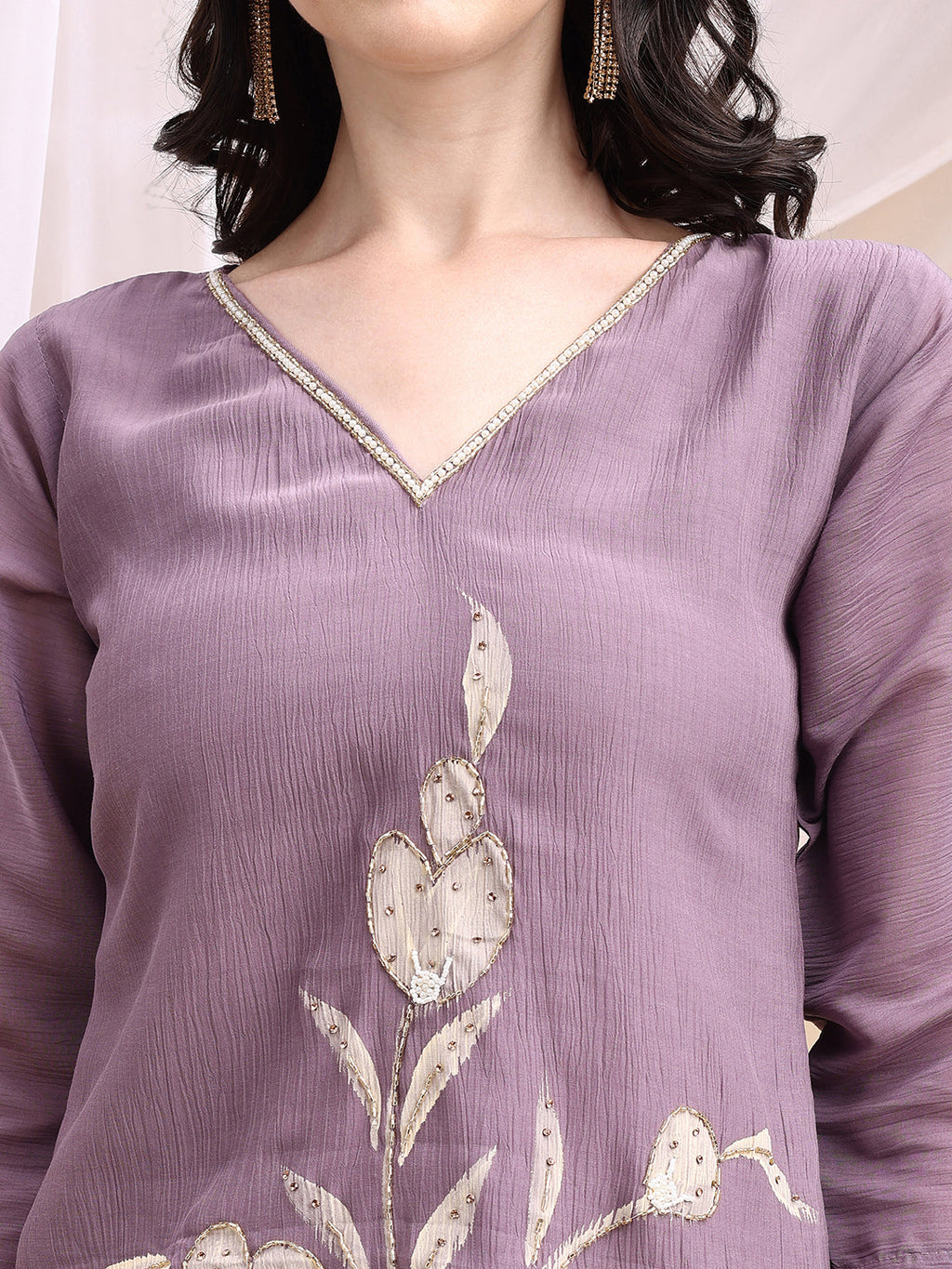 Lavender Chanderi Hand Embroidered & Painted Kurta with Pant Set