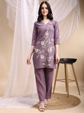 Lavender Chanderi kurta and pant set with hand embroidery and hand-painted floral motifs
