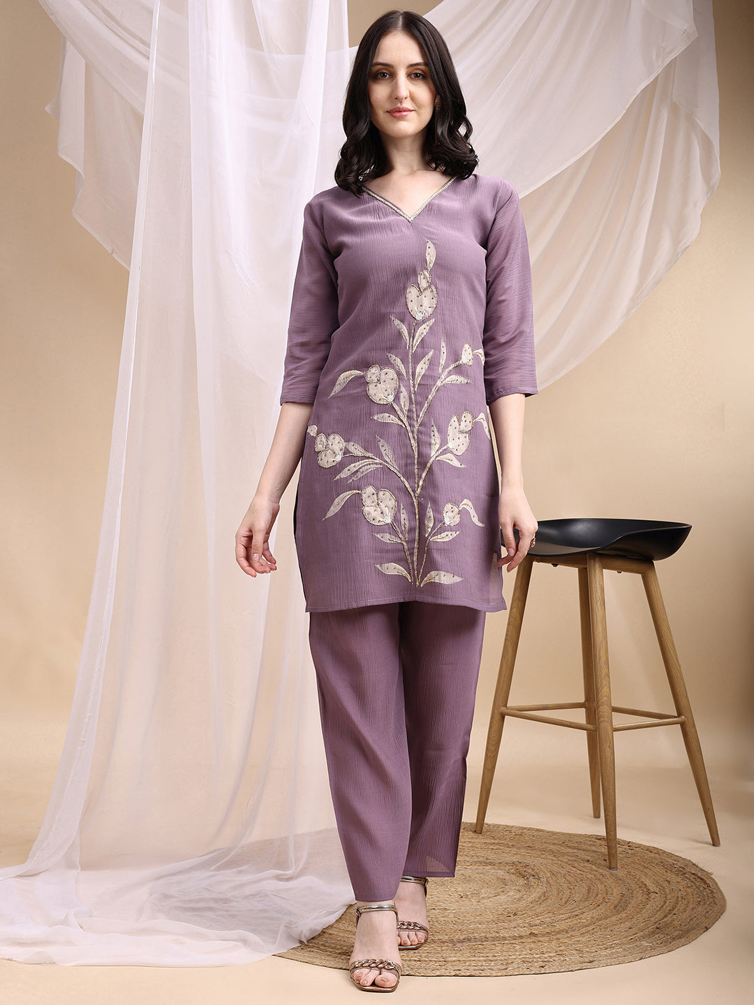 Lavender Chanderi kurta and pant set with hand embroidery and hand-painted floral motifs