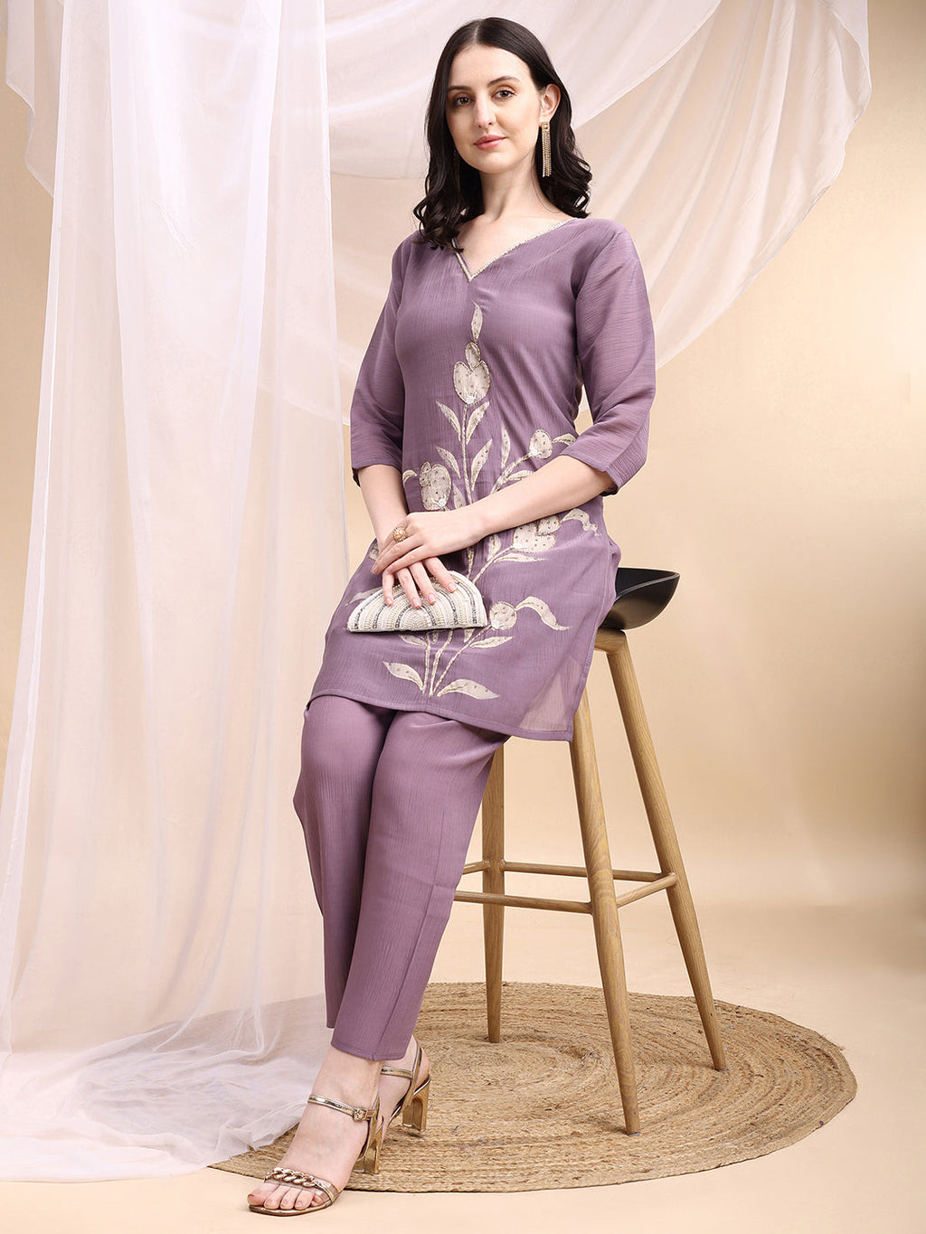 Lavender Chanderi Hand Embroidered & Painted Kurta with Pant Set