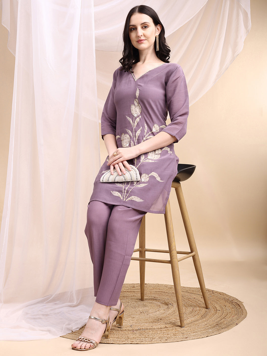 Lavender Chanderi Hand Embroidered & Painted Kurta with Pant Set