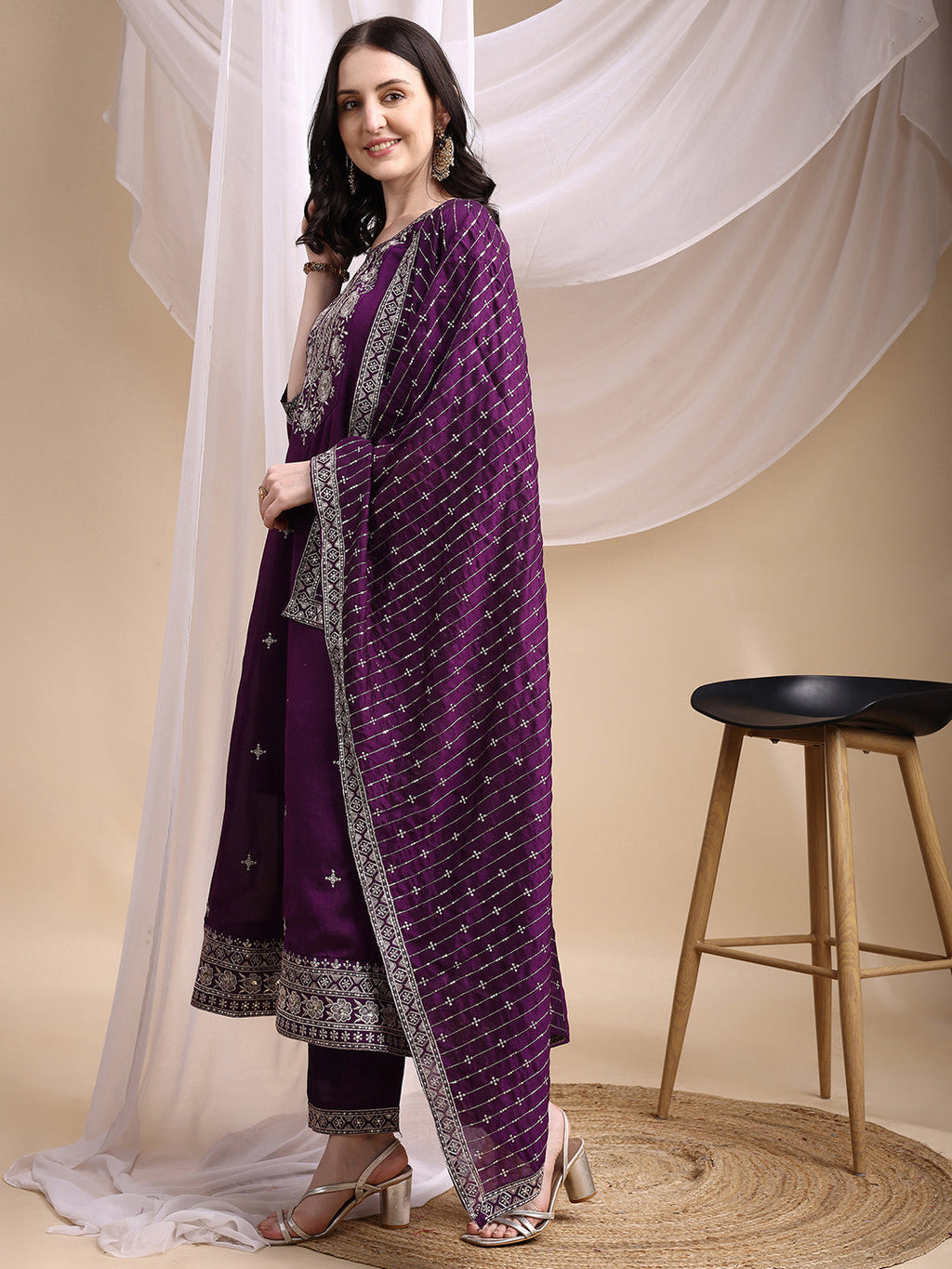 Embroidered Purple Anarkali Kurta Set with Dupatta