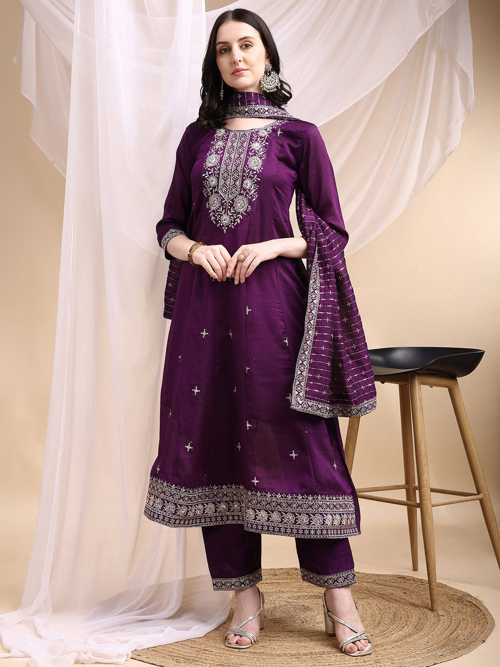 Embroidered Purple Anarkali Kurta Set with Dupatta
