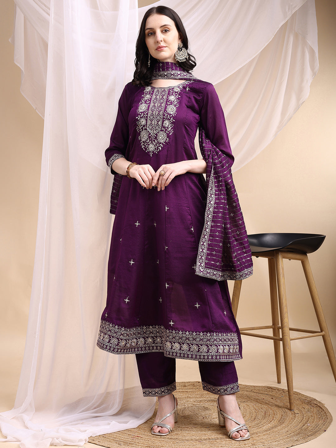 Embroidered Purple Anarkali Kurta Set with Dupatta