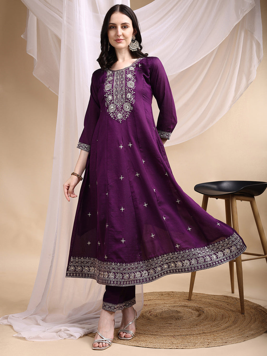 Embroidered Purple Anarkali Kurta Set with Dupatta