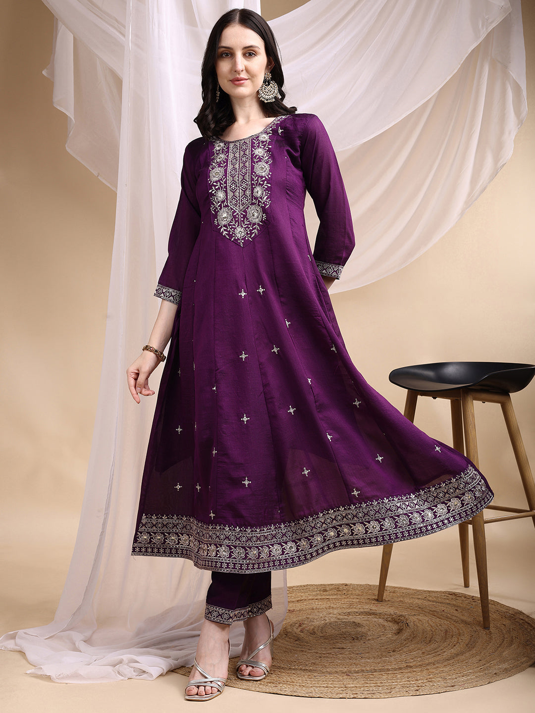 Embroidered Purple Anarkali Kurta Set with Dupatta