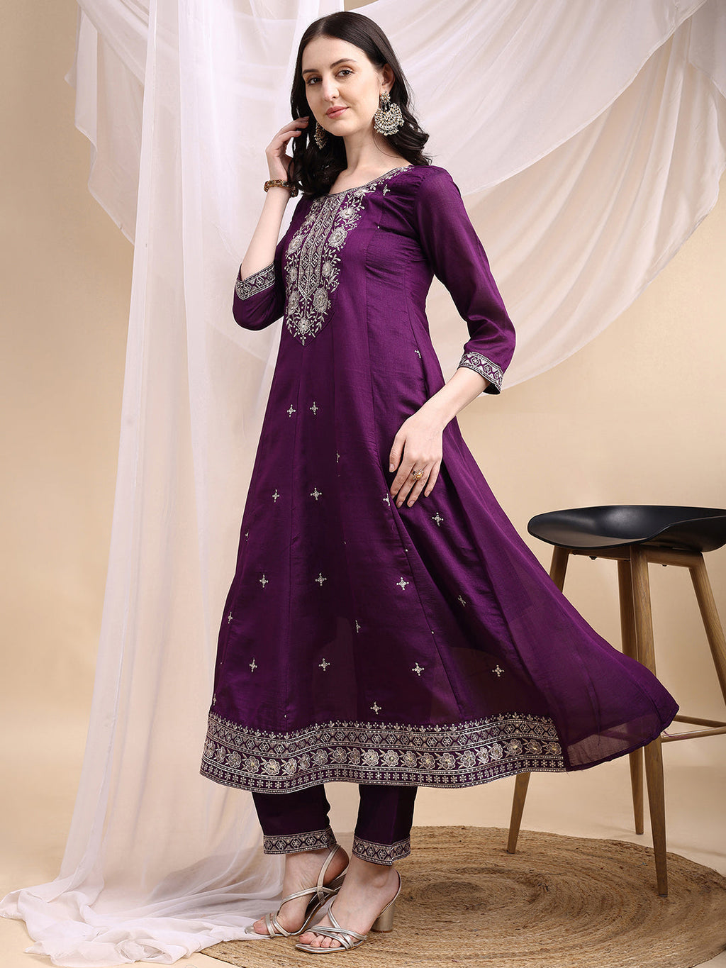 Embroidered Purple Anarkali Kurta Set with Dupatta