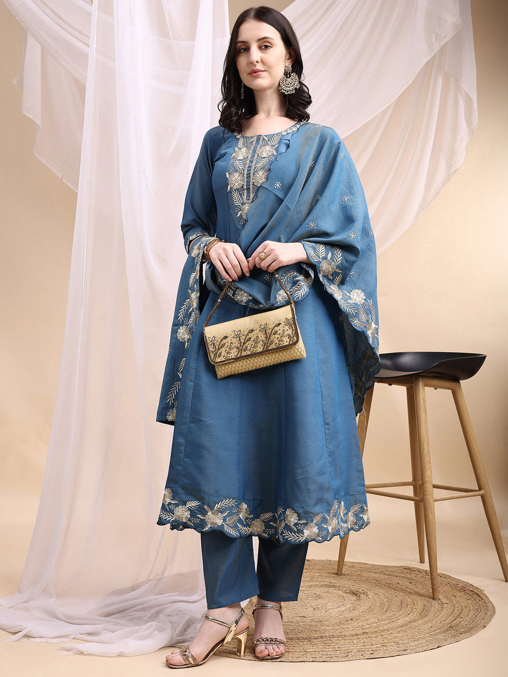Blue Hand Embroidered Anarkali Kurta Set with Dupatta