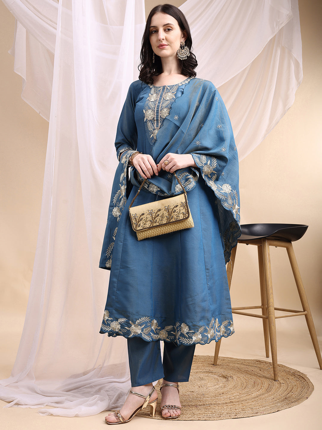 Blue Hand Embroidered Anarkali Kurta Set with Dupatta