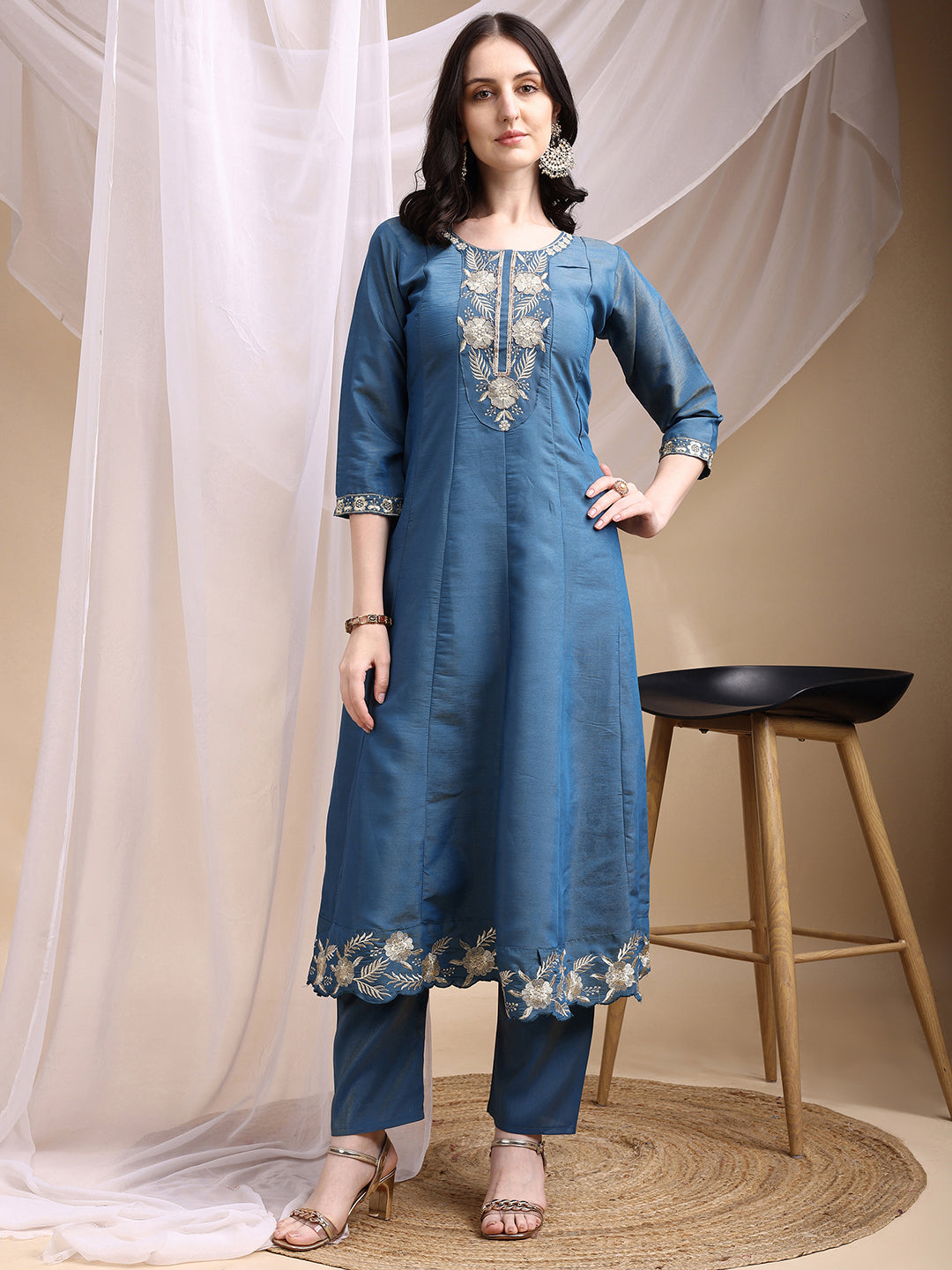 Blue Hand Embroidered Anarkali Kurta Set with Dupatta