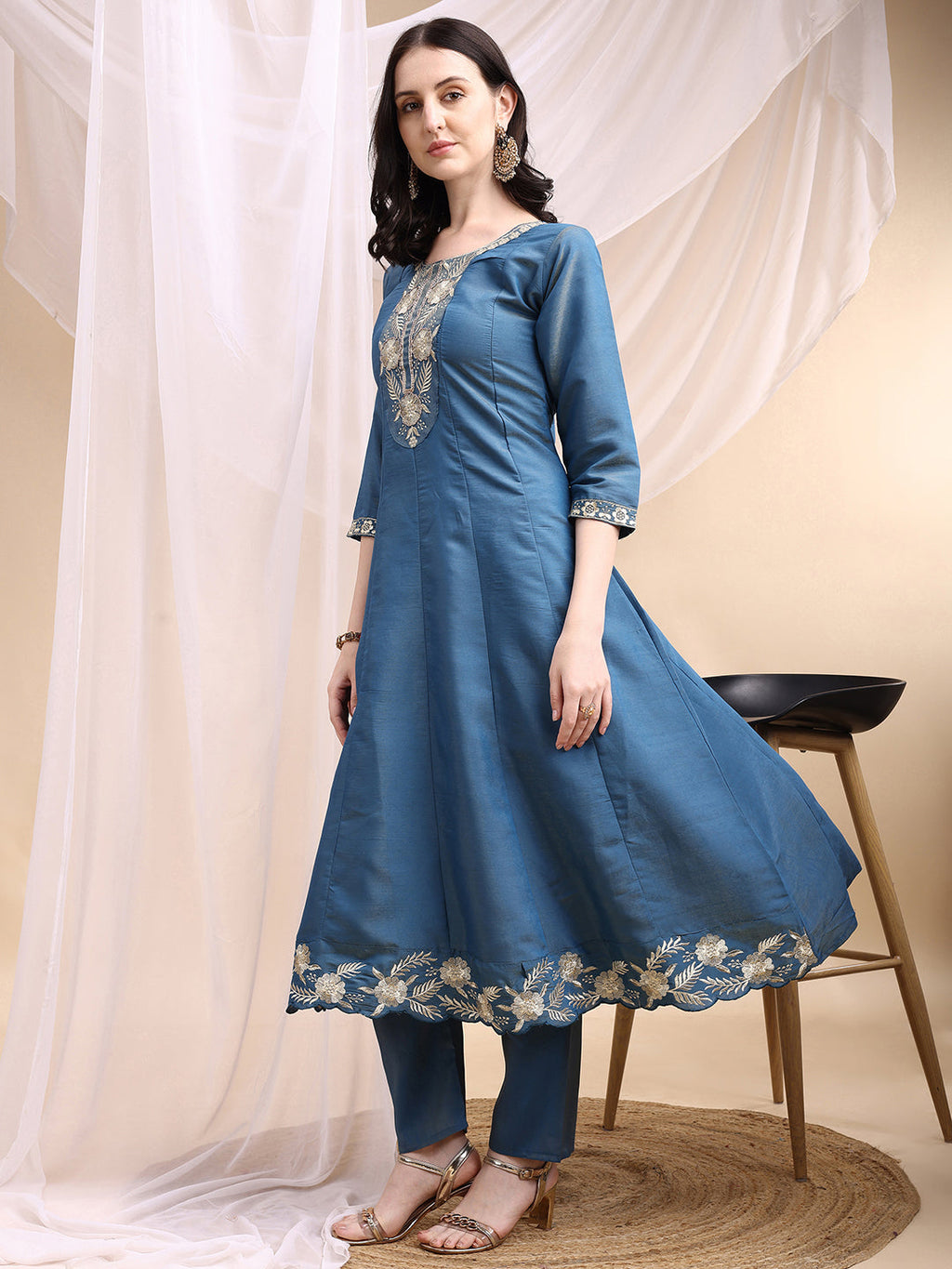 Blue Hand Embroidered Anarkali Kurta Set with Dupatta