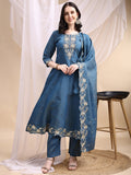 Blue silk-blend Anarkali kurta with hand embroidery and dupatta