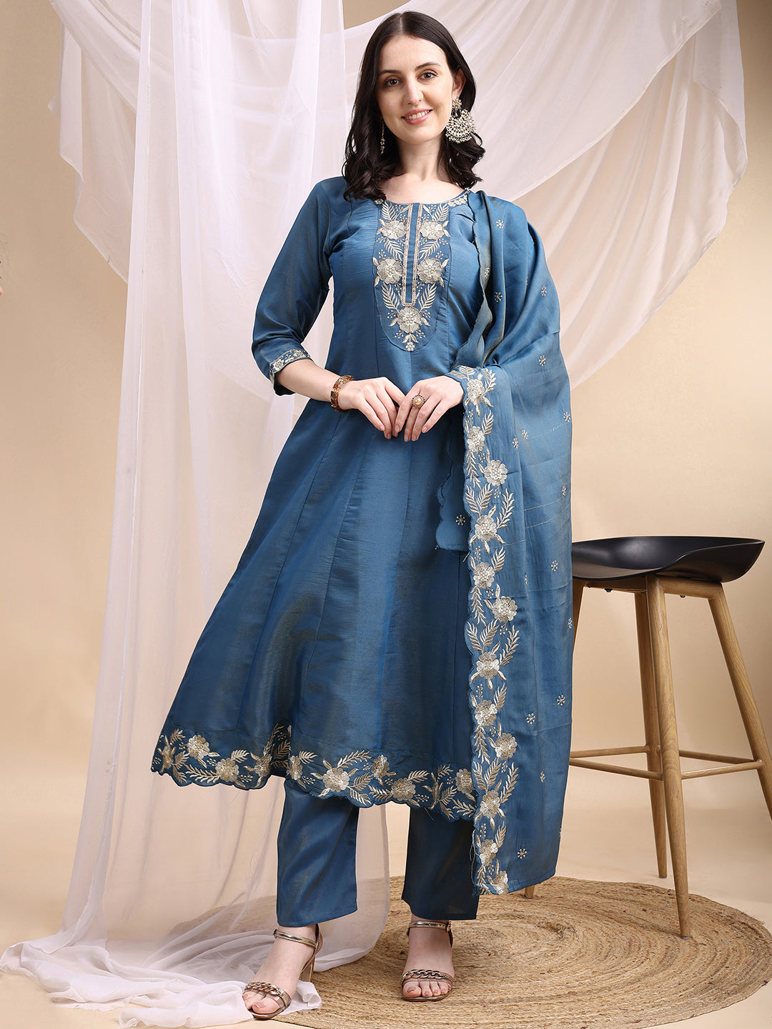Blue silk-blend Anarkali kurta with hand embroidery and dupatta