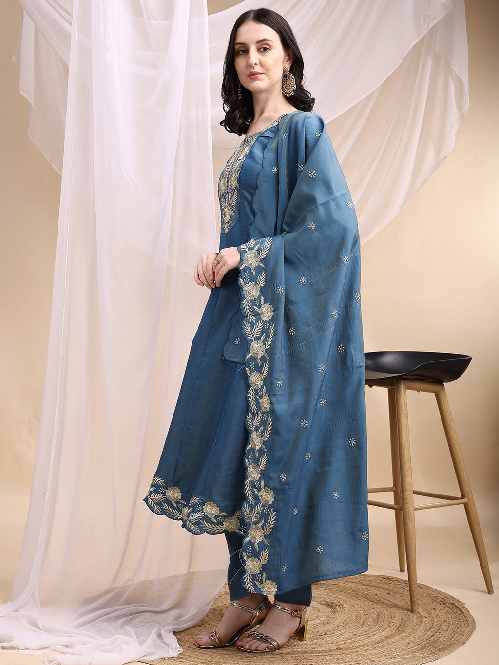 Blue Hand Embroidered Anarkali Kurta Set with Dupatta