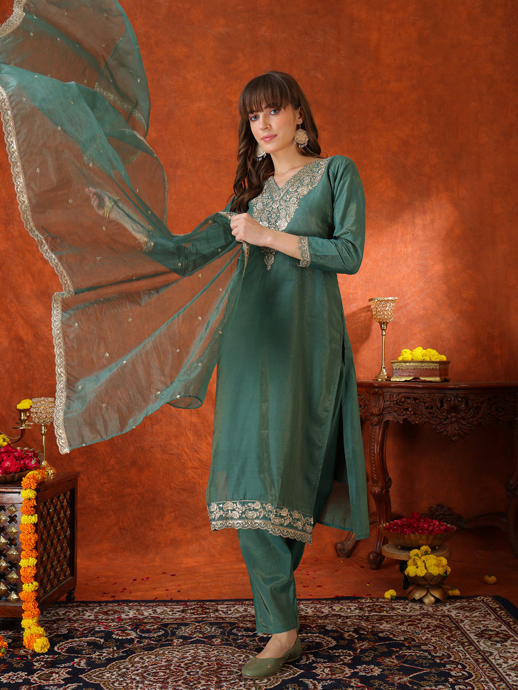 Green sequin embroidered Chanderi kurta with matching pant and organza dupatta.