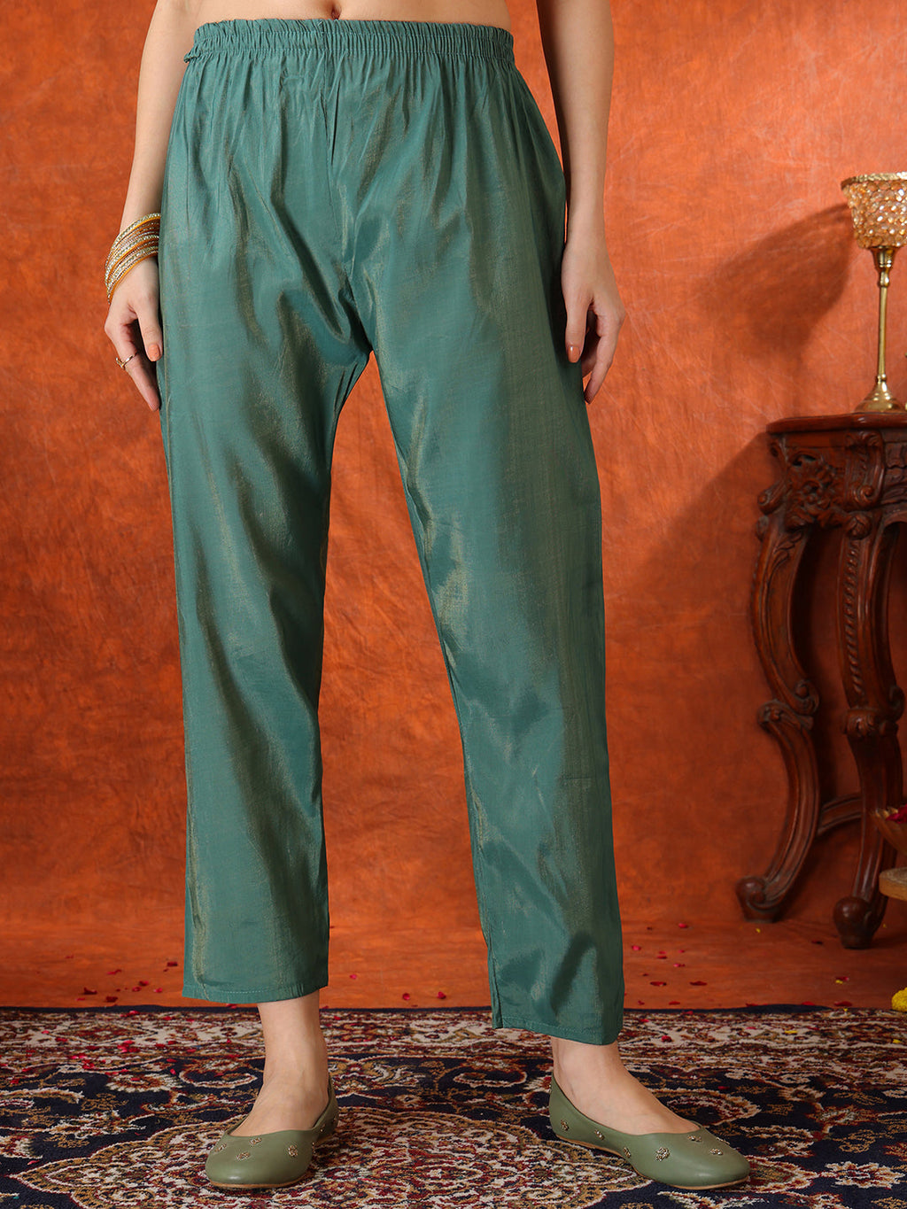 Green Sequin Embroidered Kurta with Pant and Organza Dupatta