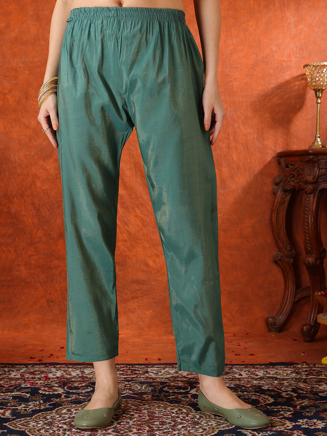 Green Sequin Embroidered Kurta with Pant and Organza Dupatta