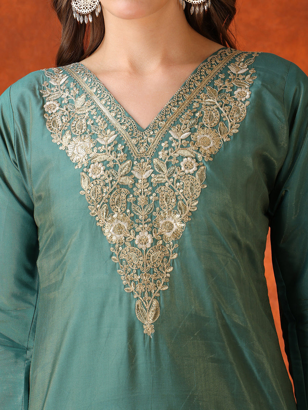 Green Sequin Embroidered Kurta with Pant and Organza Dupatta