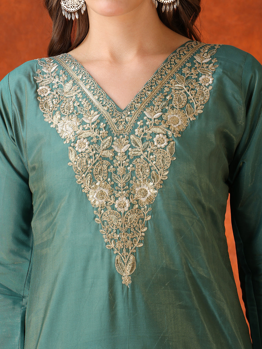 Green Sequin Embroidered Kurta with Pant and Organza Dupatta