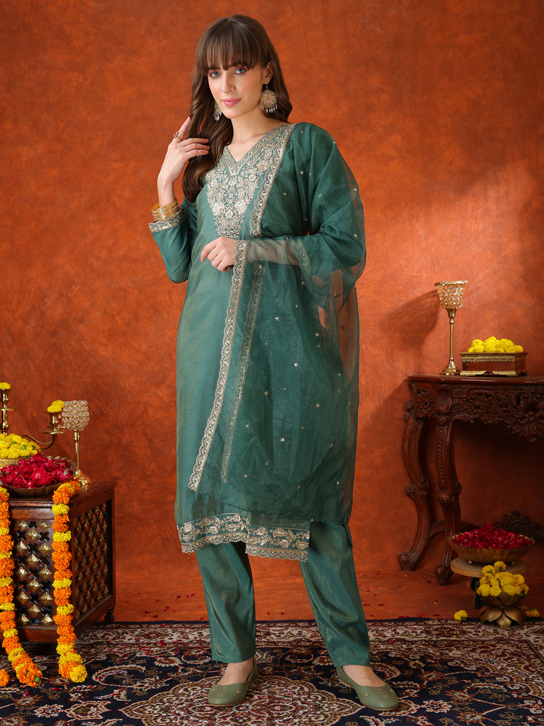 Green Sequin Embroidered Kurta with Pant and Organza Dupatta