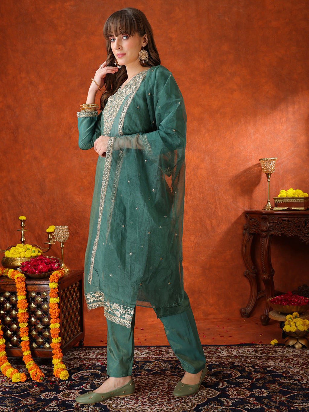 Green Sequin Embroidered Kurta with Pant and Organza Dupatta