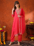 Pink sequin embroidered Chanderi kurta with matching pants and embroidered organza dupatta