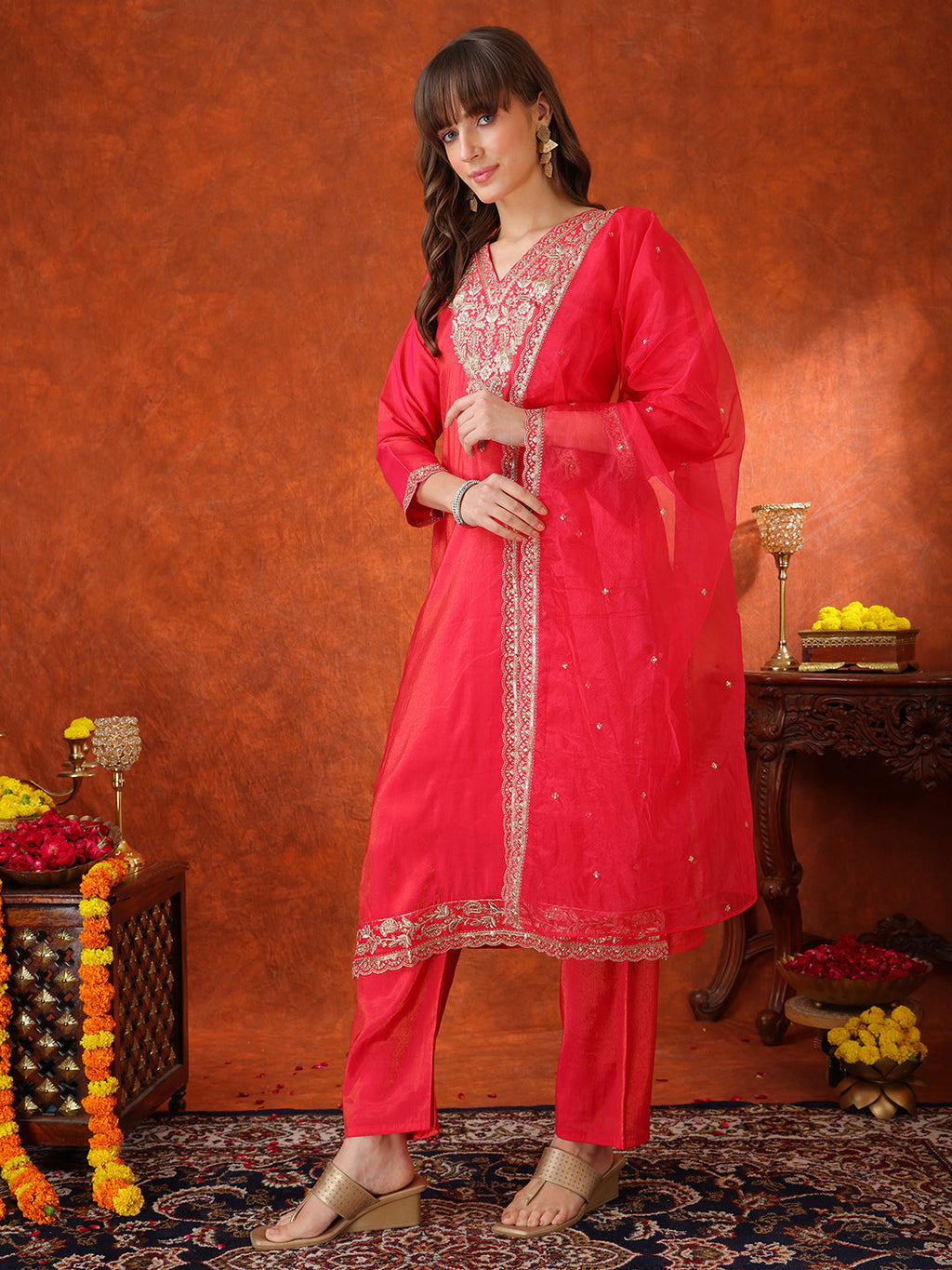 Pink Sequin Embroidered Kurta Set with Organza Dupatta