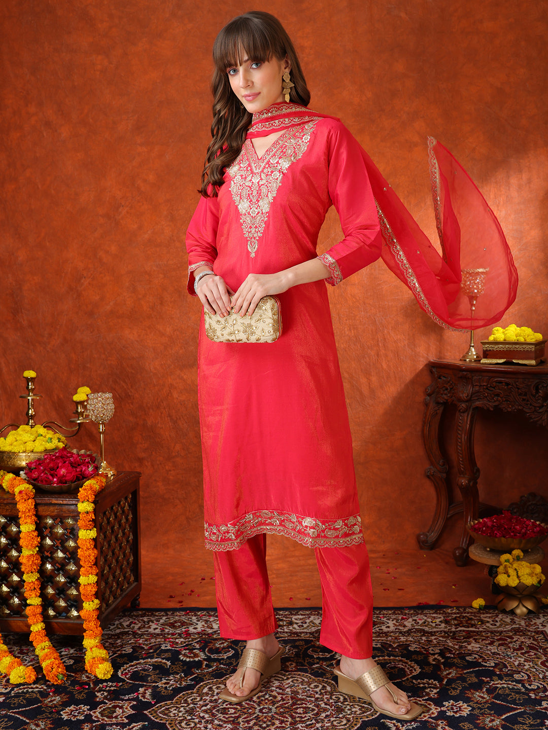 Pink Sequin Embroidered Kurta Set with Organza Dupatta