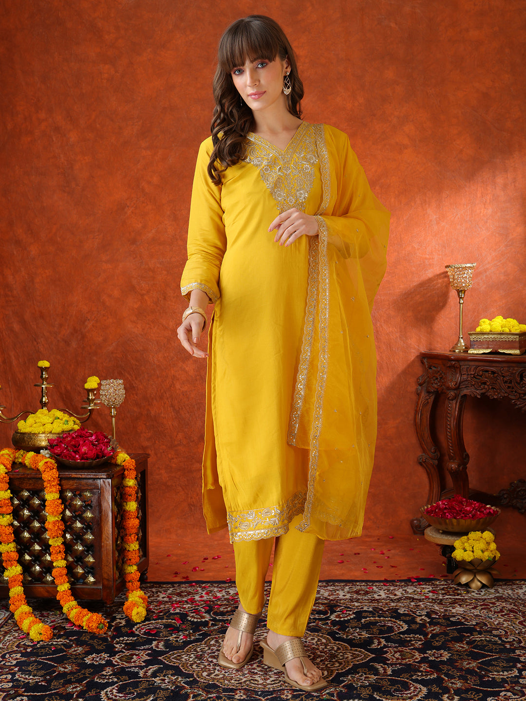 Yellow Chanderi kurta set with sequin embroidery and embroidered organza dupatta