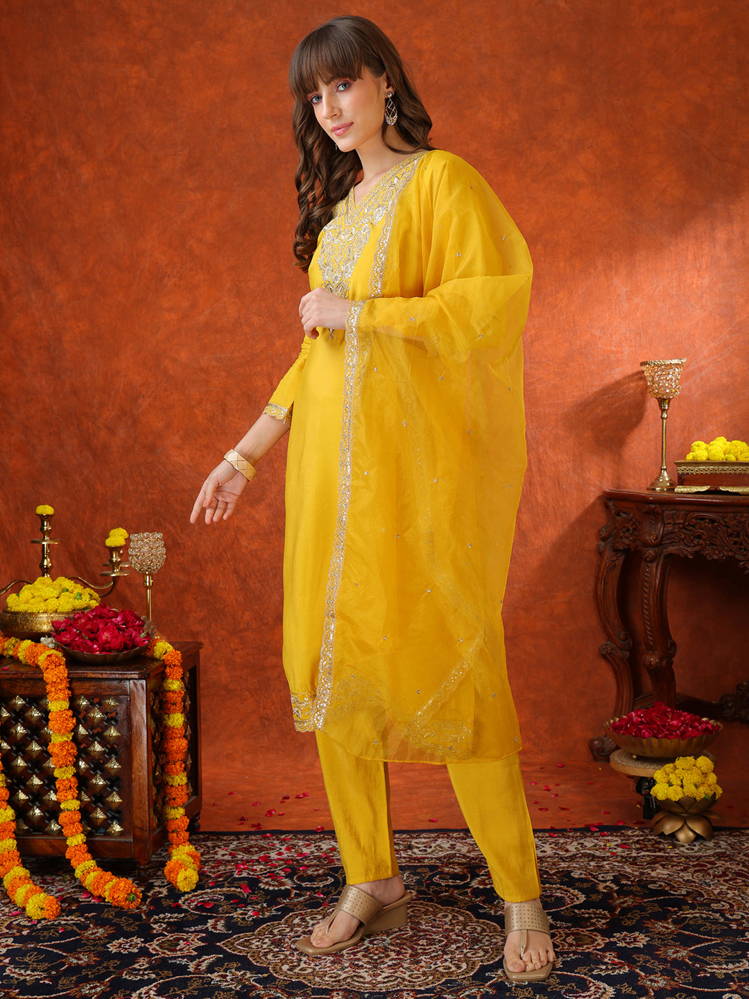 Yellow Chanderi Kurta Set with Sequin Embroidery and Organza Dupatta