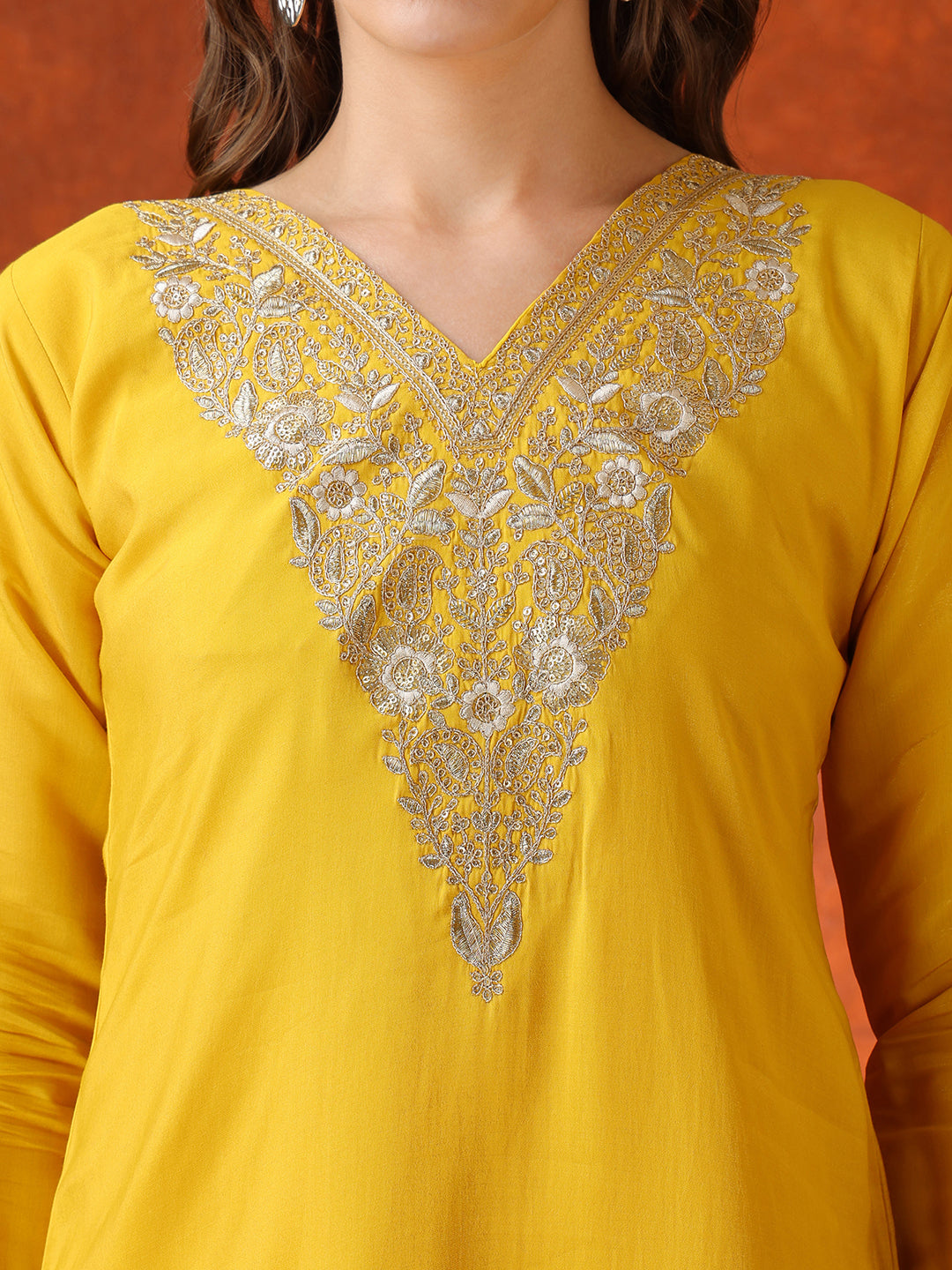 Yellow Chanderi Kurta Set with Sequin Embroidery and Organza Dupatta