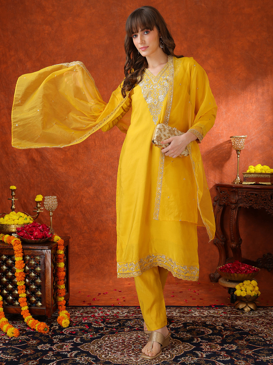 Yellow Chanderi Kurta Set with Sequin Embroidery and Organza Dupatta