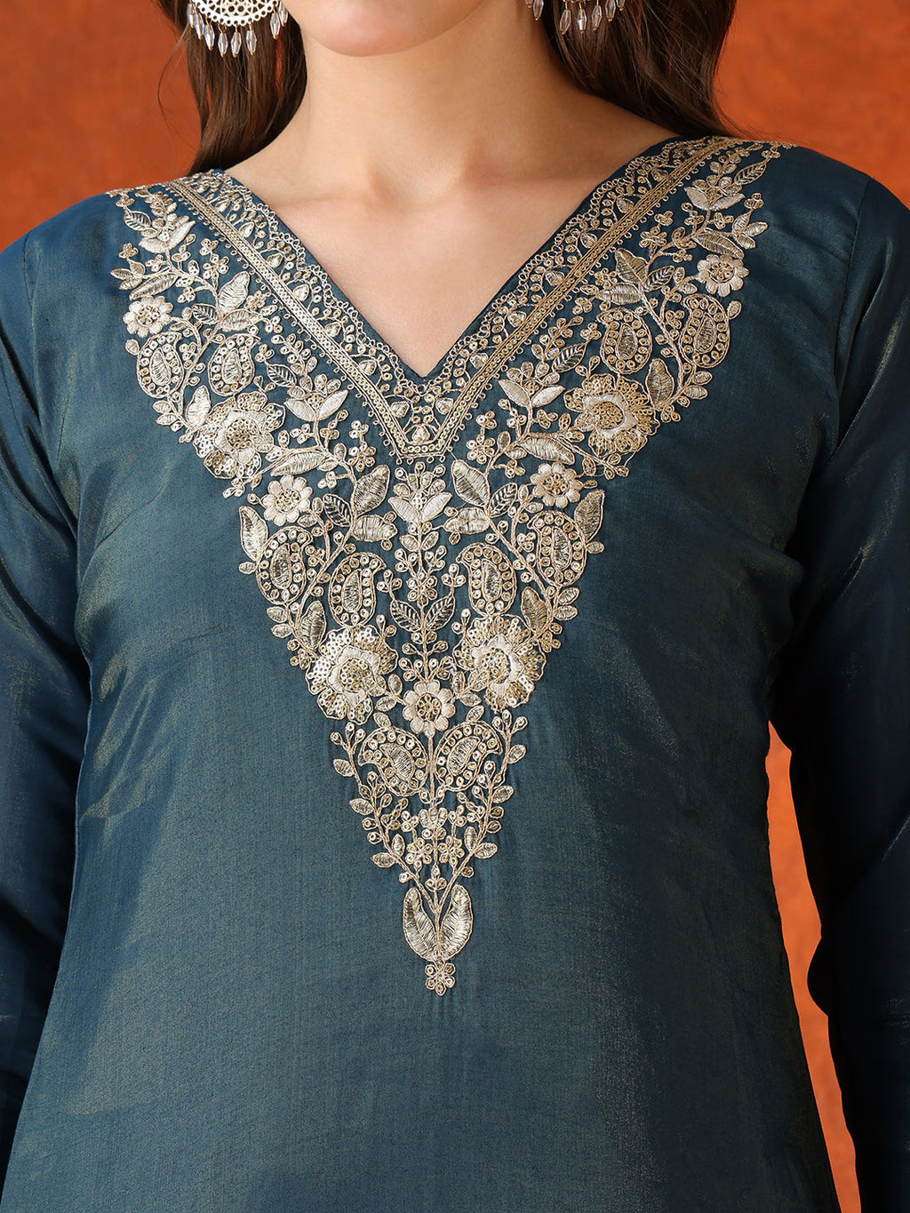 Sequin Embroidered Kurta Set with Organza Dupatta in Teal