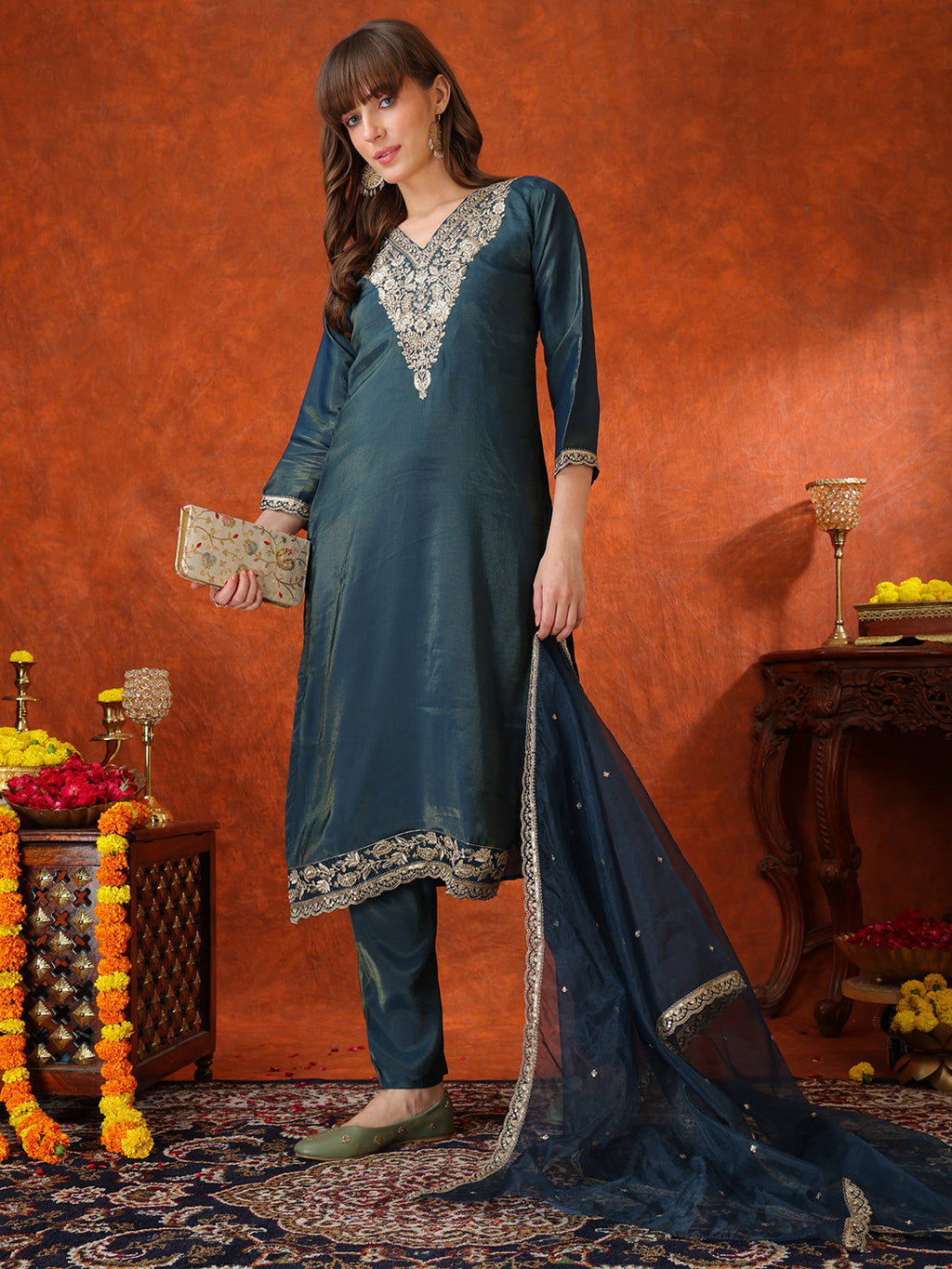 Sequin Embroidered Kurta Set with Organza Dupatta in Teal
