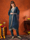 Teal Chanderi kurta with sequin embroidery paired with an embroidered organza dupatta.