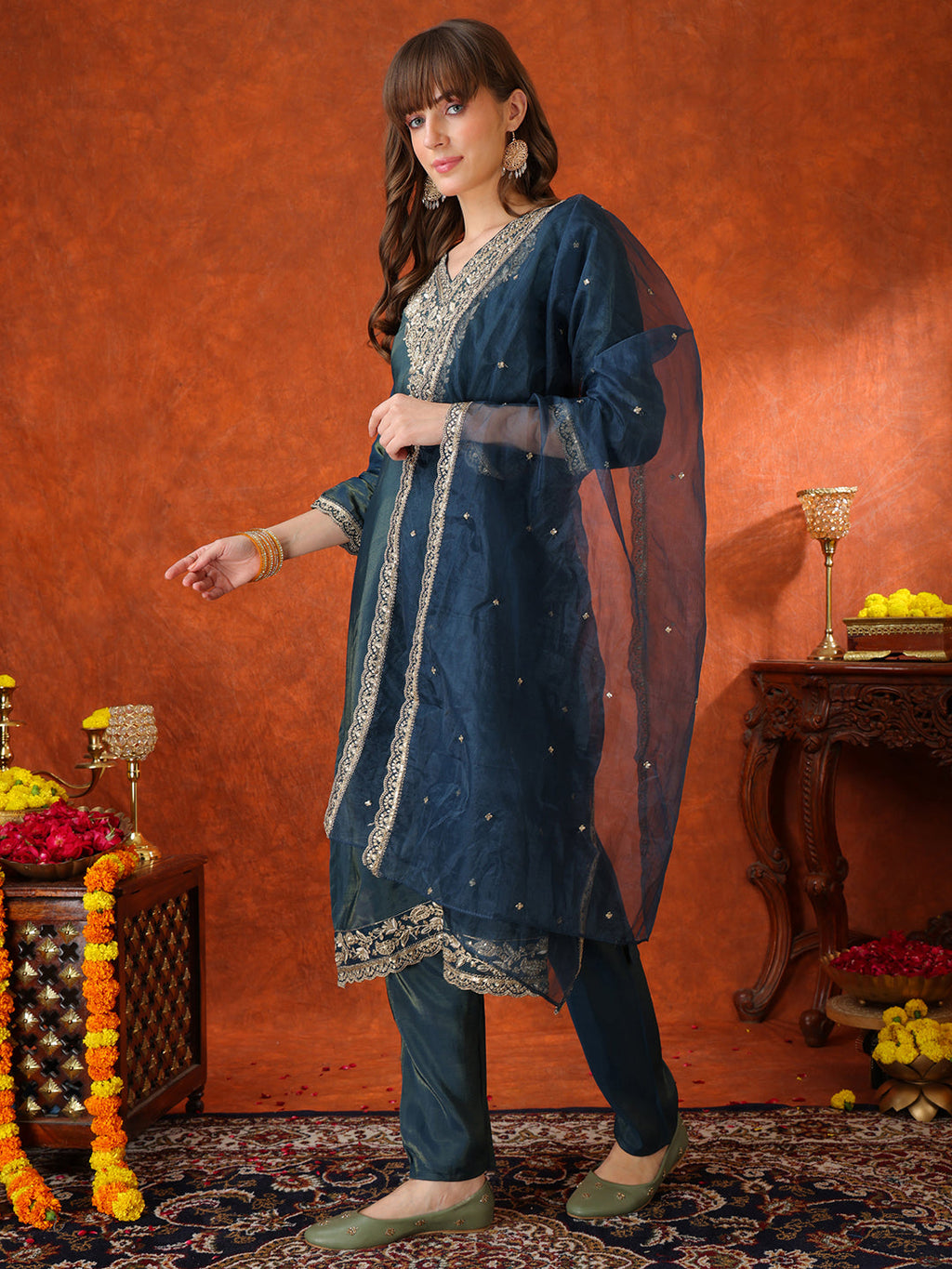 Sequin Embroidered Kurta Set with Organza Dupatta in Teal