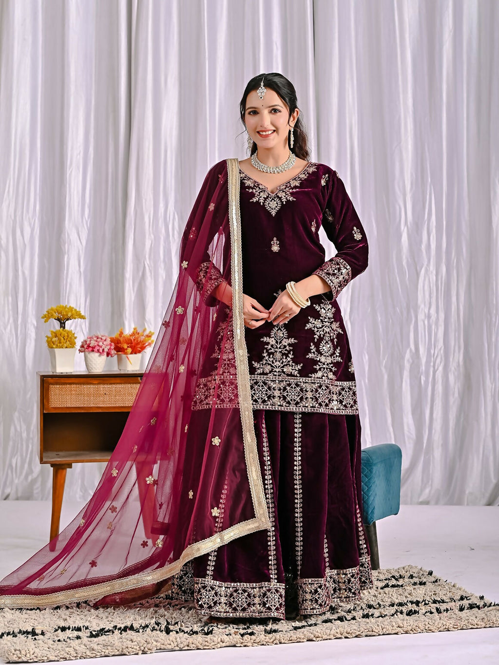Wine Velvet Kurta Set with Intricate Sequence Embroidery