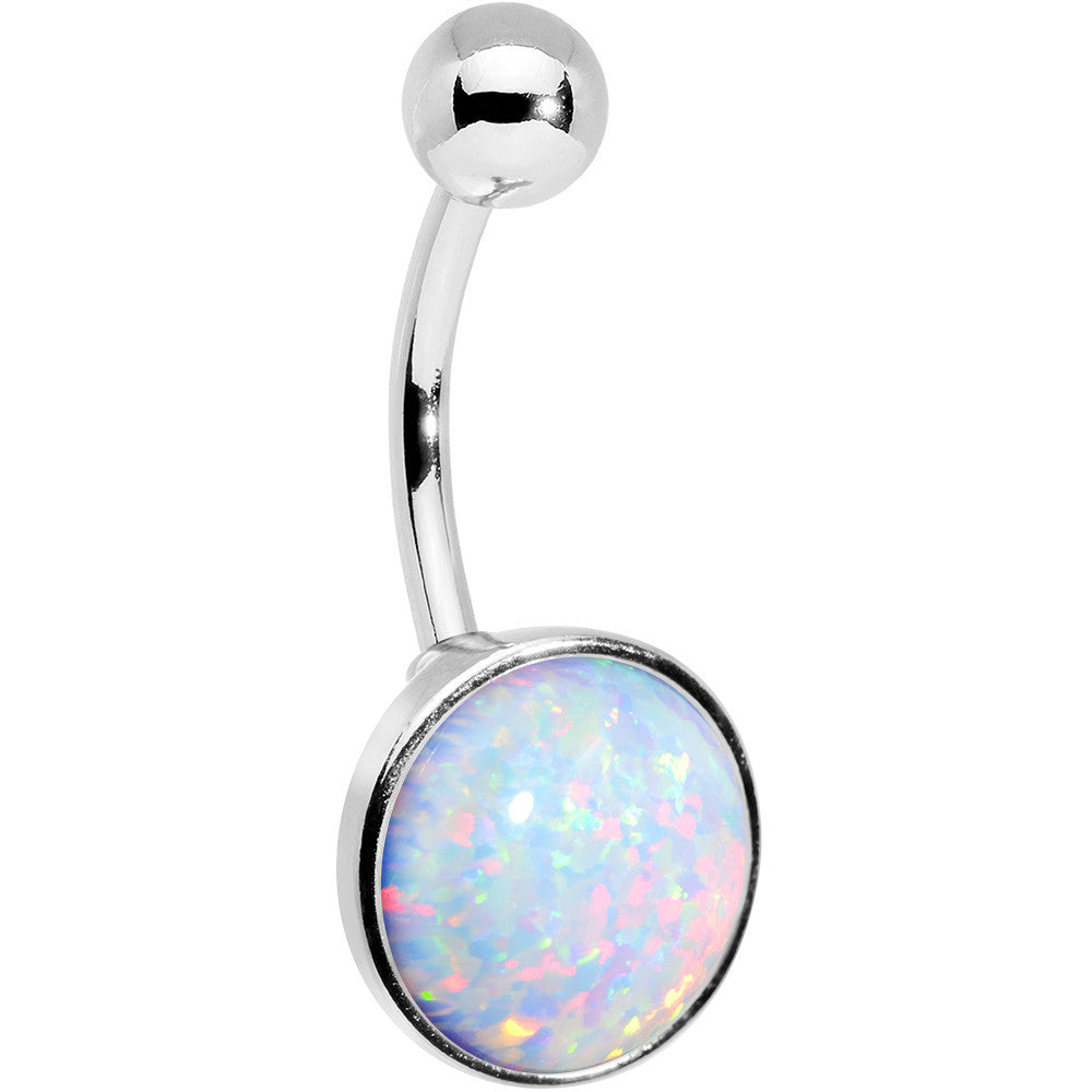White synthetic opal navel belly ring featuring a stainless steel bezel setting and curved barbell.
