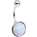 White synthetic opal navel belly ring featuring a stainless steel bezel setting and curved barbell.