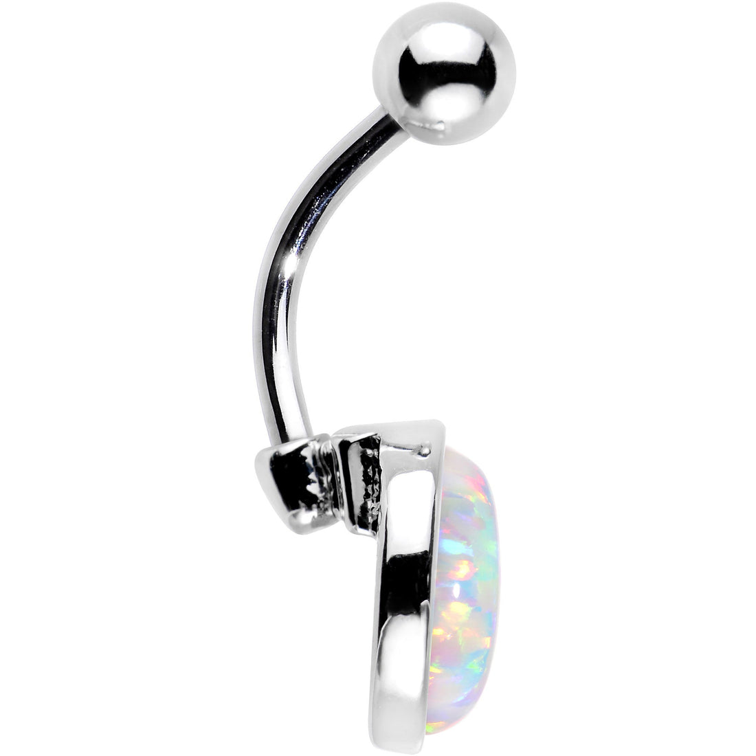 White Synthetic Opal Stainless Steel Belly Button Ring - Image 2