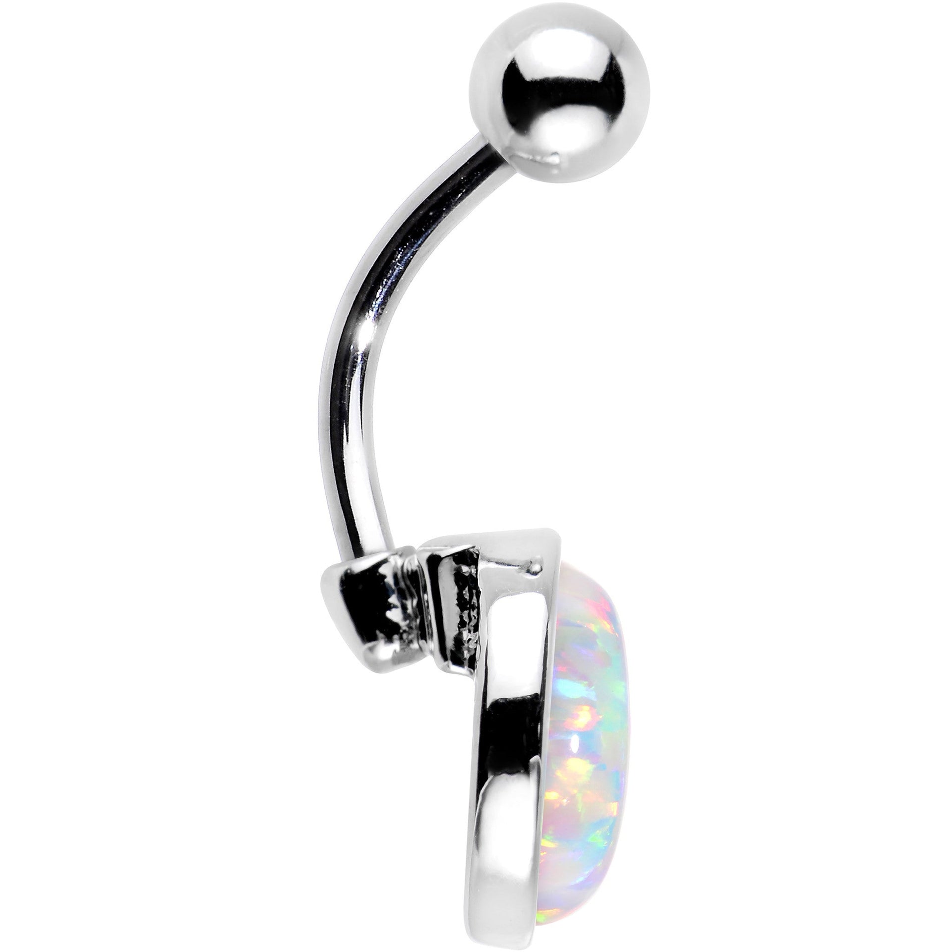 White Synthetic Opal Stainless Steel Belly Button Ring - Image 2