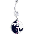 Double gem belly ring featuring a yin yang cat dangle charm in silver, black, white, and pink.