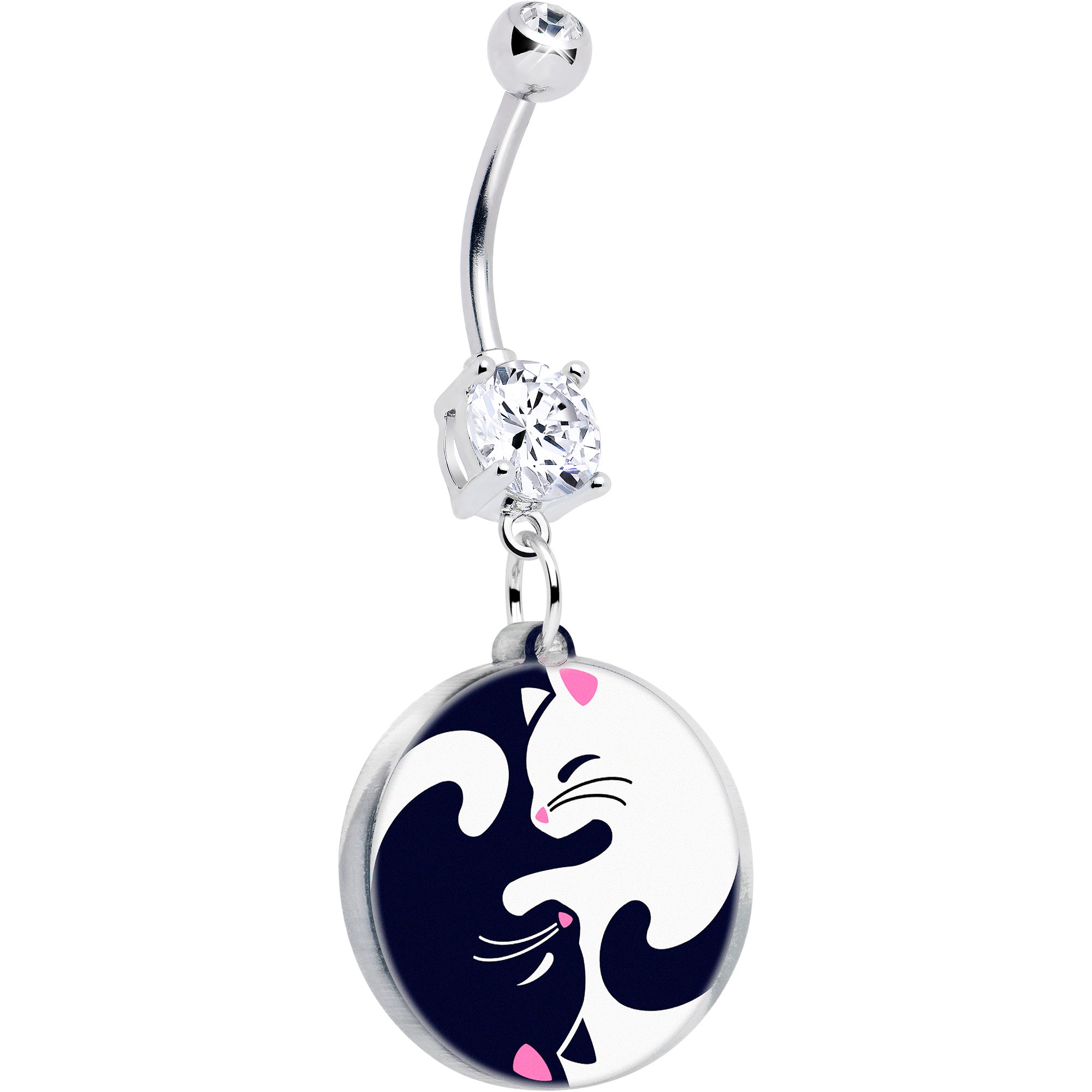 Double gem belly ring featuring a yin yang cat dangle charm in silver, black, white, and pink.