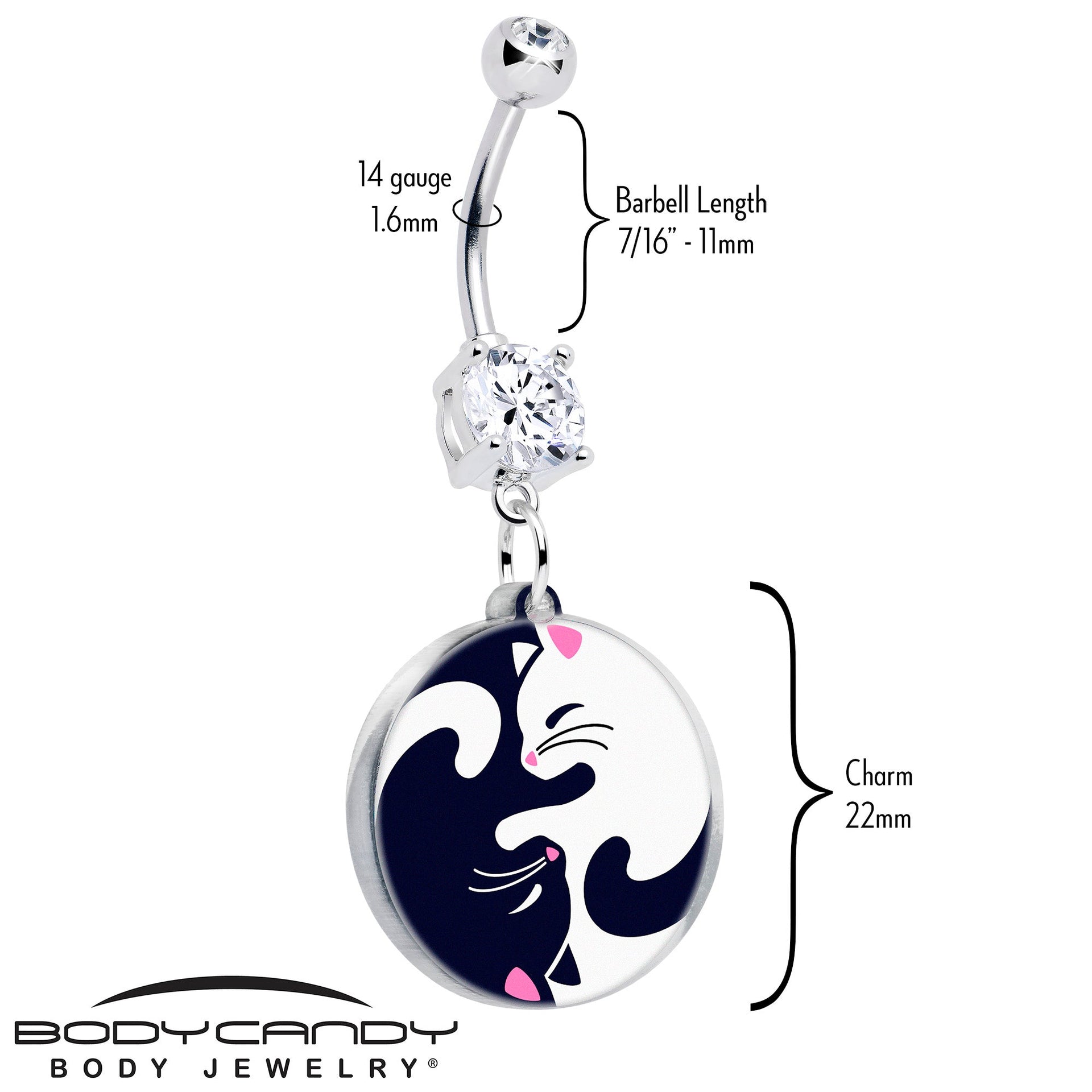 Yin Yang Cat Dangle Belly Ring with Double Gem in Silver and Black